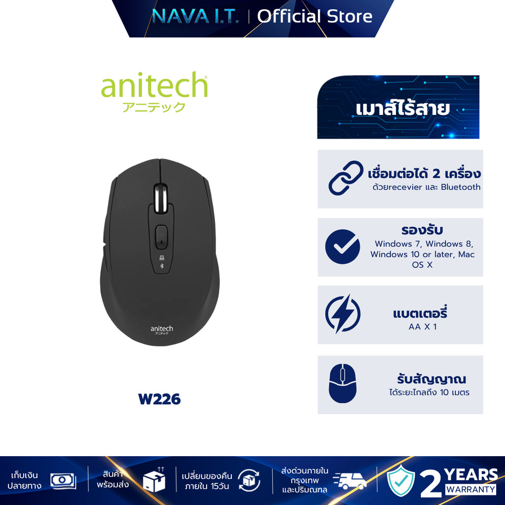 ANITECH W226 BLACK MULTI FUNCTION WIRELESS MOUSE รับประกัน 2 ปี