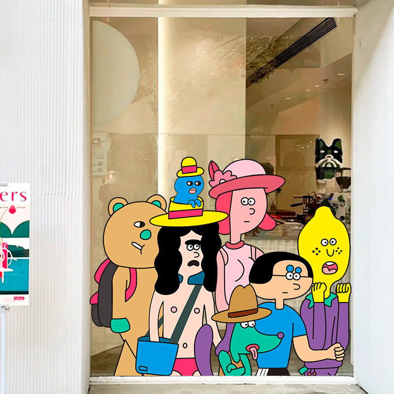 สติกเกอร์การ์ตูนสไตล์เกาหลีสำหรับตกแต่งประตูกระจกร้านกาแฟและร้านชานม