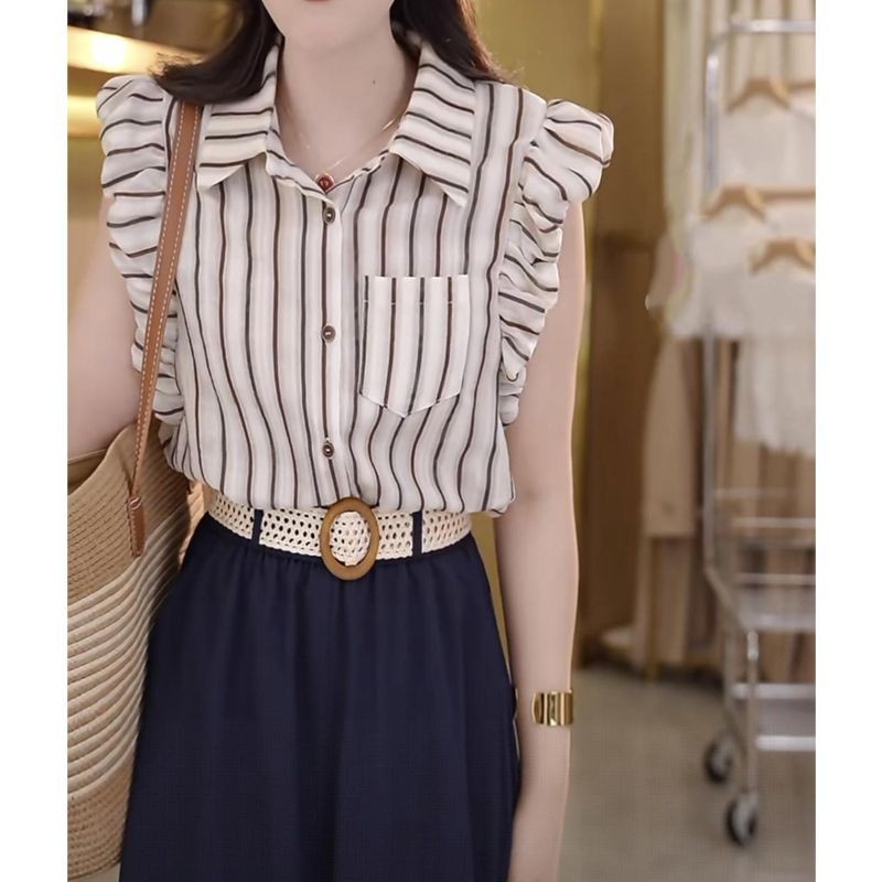 ส่งไวจากไทย Summer S-2XL เสื้อเชิ้ตแขนสั้นลายประกบผู้หญิงฤดูร้อนใหม่พรีเมี่ยมอารมณ์ด้านบน