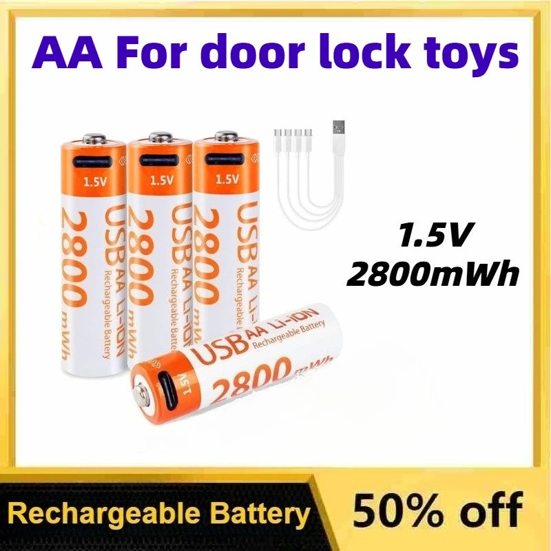 1.5V 2800mWh AA แบตเตอรี่ลิเธียมแบบชาร์จไฟได้พร้อมสายชาร์จ USB-C เหมาะสําหรับประตูล็อคของเล่นเปลี่ยน