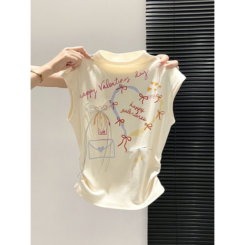 Love Bow พิมพ์เสื้อยืดแขนกุดผู้หญิงฤดูร้อนสไตล์ใหม่สาวหวานสไตล์ Slim-fit Slimmer ดูการออกแบบ Niche Top