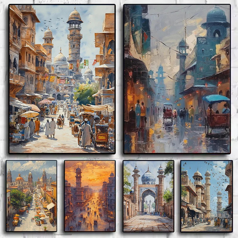 สีน้ําปากีสถาน Travel Cityscape Karachi Lahore Living Old City Market โปสเตอร์ผ้าใบภาพวาด Wall Art ภ