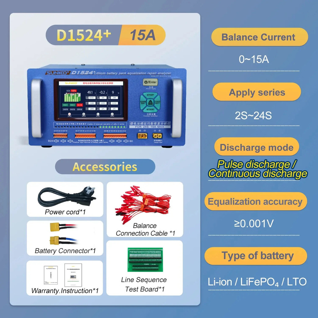 Multi-functiona SUNKKO 2-24S 15A Battery Pack Balancing D1524 D1024 D1524+ Lithium Battery Pack Equa