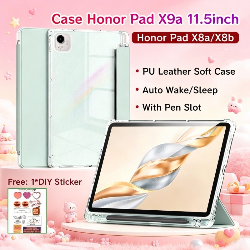 เคส Honor Pad X9a 11.5 นิ้วพร้อมช่องใส่ปากกาด้านหลังโปร่งใสเคสแม่เหล็ก Honor Pad X8a / Honor Pad X8b