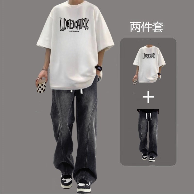 ฤดูร้อนแขนสั้นเสื้อยืดครึ่งแขนผ้าฝ้ายแท้ T688 + K37 ชุดกางเกงยีนส์ S-3XL
