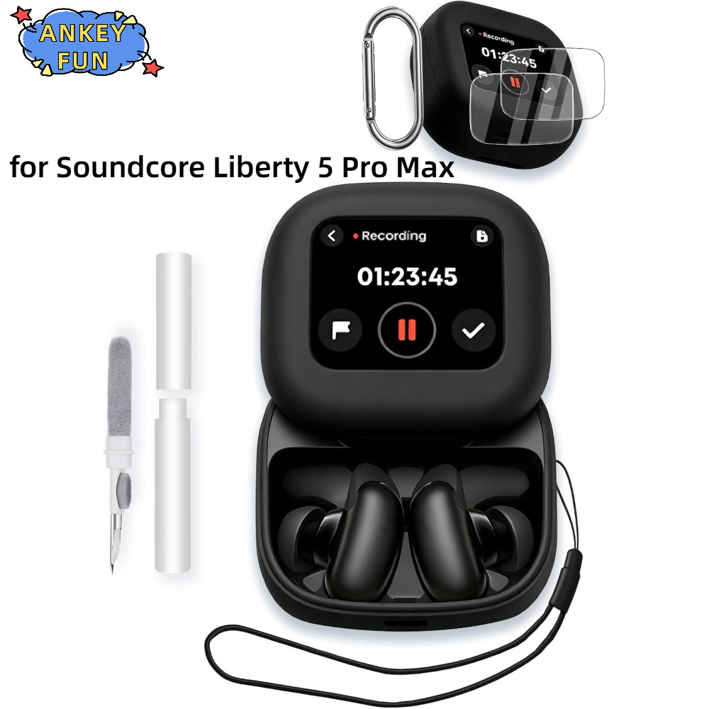 Case for Anker Soundcore Liberty 5 Pro MAX Earbuds, Soft Silicone Protective Portable Scratch Shock Resistant with 2pack Screen Protector &Cleaner Kit & Carabiner & Lanyard,Black