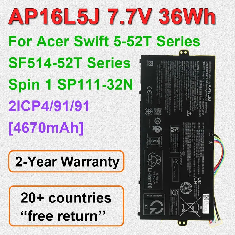 แบตเตอรี่แล็ปท็อป AP16L5J สําหรับ Acer Swift 5-52T SF514-52T-59YX Aspire SF514 Spin 1 SP111-32N Seri