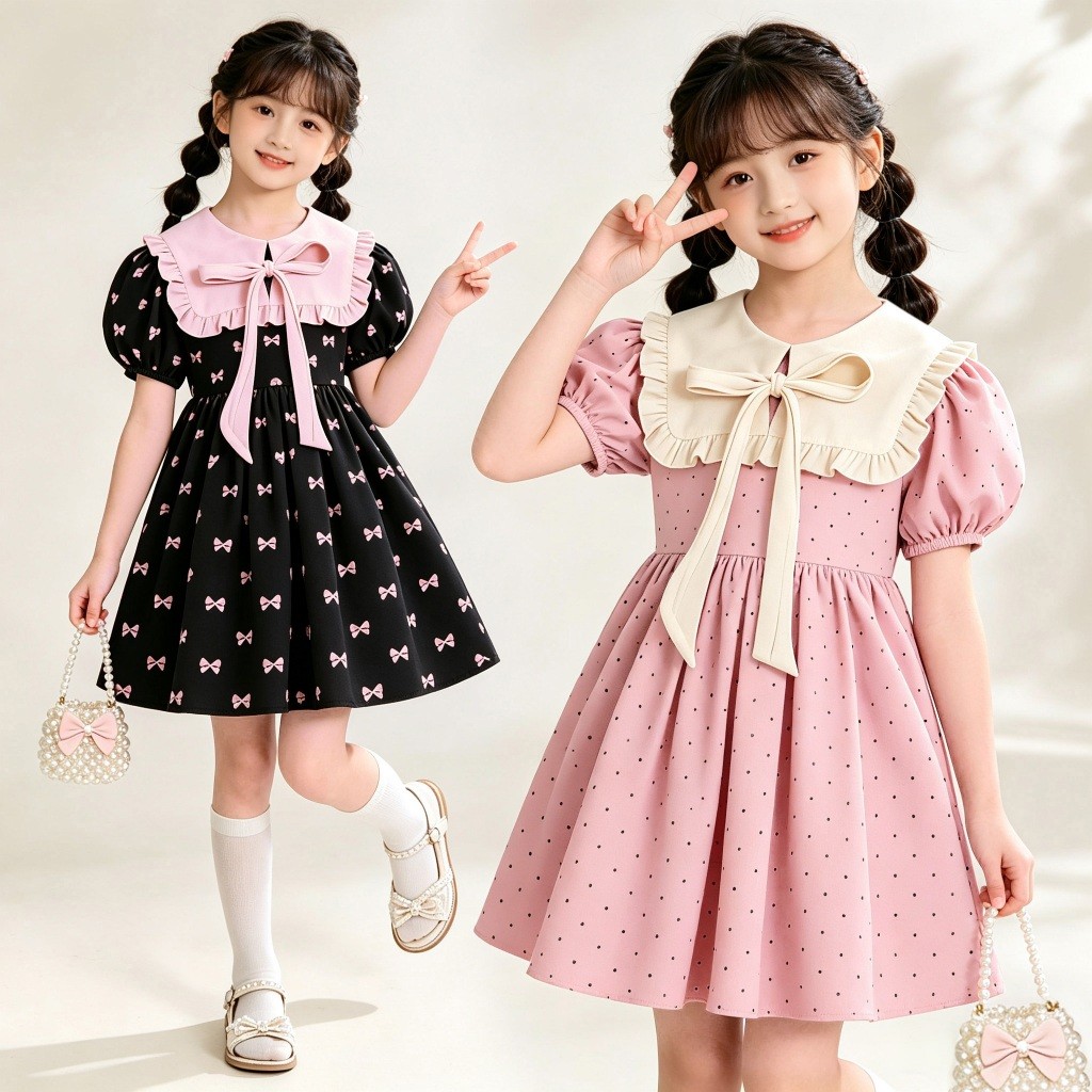 ชุดเดรสเด็กผู้หญิง Peter Pan Collar Bow Print Puff Sleeve A Line Dress Kids Summer Beach Travel Holiday Outfit Ready Stock