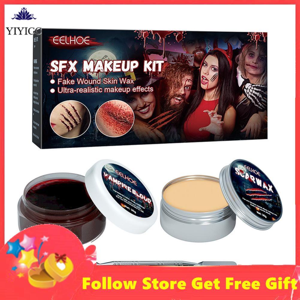 Yiyicc Yiyicc POENVFPO แต่งหน้าฮาโลวีนชุดพิเศษ Scar Wax เลือดปลอมเจลแผลด้วยไม้พายสำหรับ