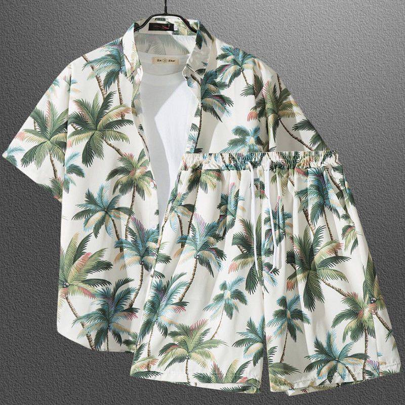 Short Sleeve Printed Shirt Beachwear Vacation Travel Men's Couple Summer Thin Suit XfYU