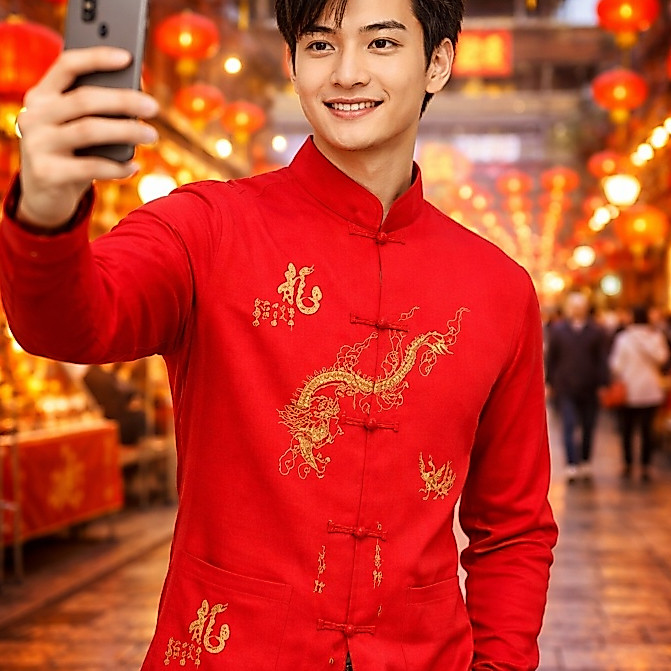 เสื้อคอจีนชาย(แขนยาว)ปักมังกร1ตัวสีแดง(LONG)