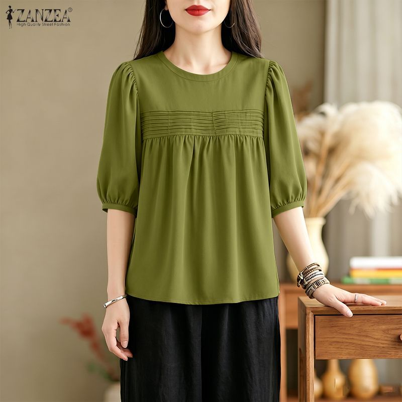 ZANZEA ผู้หญิงเกาหลีอ่อนโยนลูกเรือคอโคมไฟแขน Pleats Splicing สีทึบ A-Line เสื้อ — صورة 5