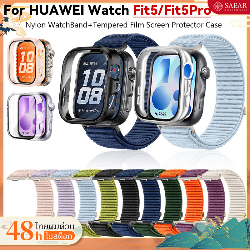 【สาย+เคส】สายนาฬิกาไนลอน + เคสกันรอยกระจกเทมเปอร์ สำหรับ HUAWEI Watch Fit5/Fit5Pro Smartwatchสายรัดข้อมือระบายอากาศ เคส