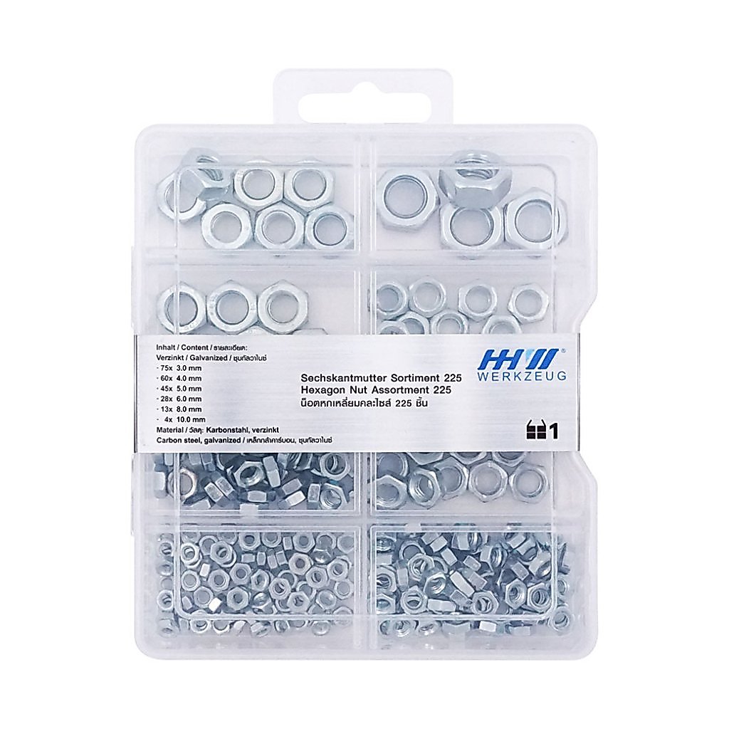 HHW น็อตหกเหลี่ยมคละไซส์ 225 ชิ้น Hexagon nut assortment 225