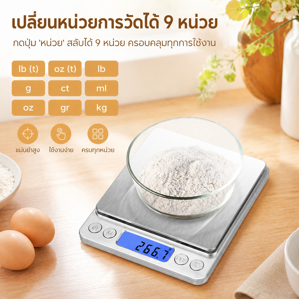 เครื่องชั่งดิจิทัลสแตนเลส พร้อมจอ LCD แสดงผลชัดเจน รับน้ำหนักได้สูงสุด 3 กก. สีเงิน