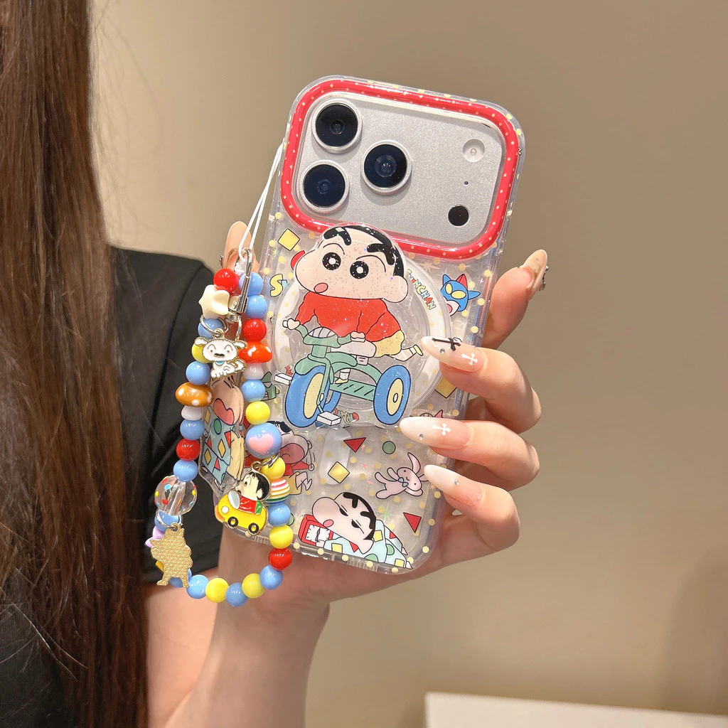 Crayon Shin-chan Magnetic Chain Stand Case,ฝาครอบซิลิโคนสองชั้นสําหรับiPhone 14/15/16/17 Pro & Pro Max,ผู้หญิงสไตล์การ์ตูน