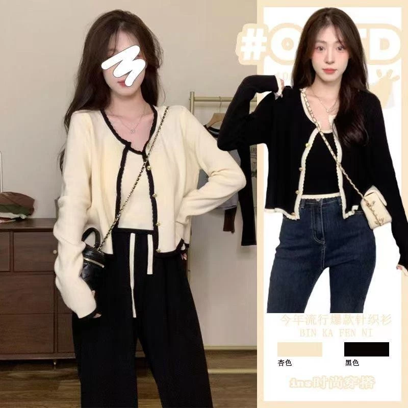 เสื้อถักนิตติ้ง สไตล์ฝรั่งเศส น่ารัก และเซ็กซี่ สำหรับผู้หญิง ฤดูใบไม้ผลิ สไตล์ใหม่ ชุดนม คาร์ดิแกนสายเก๋ สูทสองชิ้น