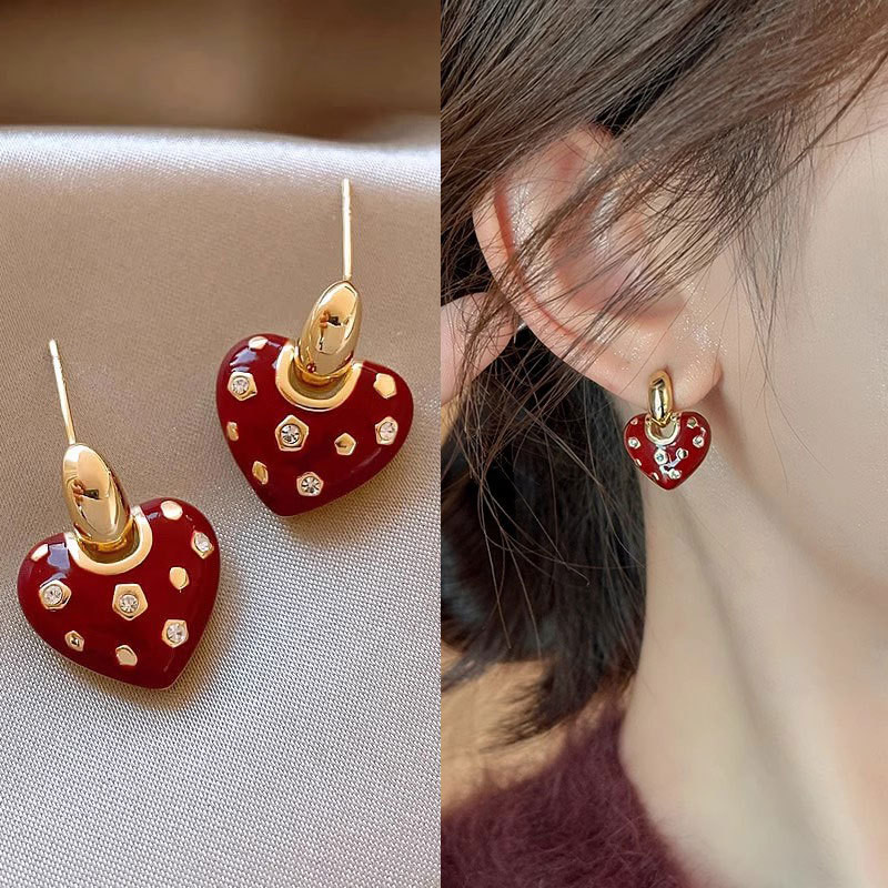 [GG] 925 เงินเข็ม เอ็นคอร์ ต่างหูหัวใจสีแดงเครื่องประดับสุภาพสตรีสไตล์ใหม่
