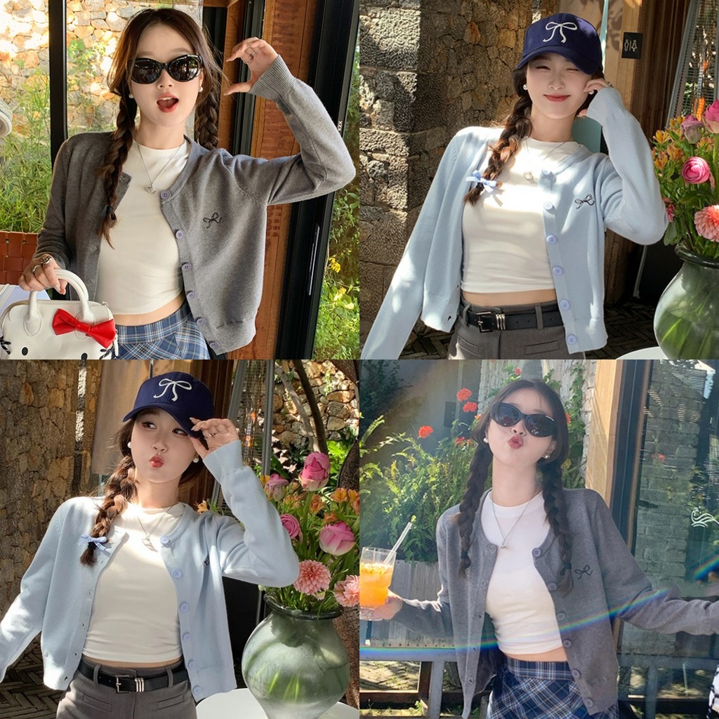 ✨Luna✨เสื้อแขนยาว ไหมพรม คอกลม กระดุมหน้า ปักฌบว์ที่หน้าอก ครอป คาร์ดิแกน ใส่สบาย เสื้อผ้าขายดี#Z-YX12