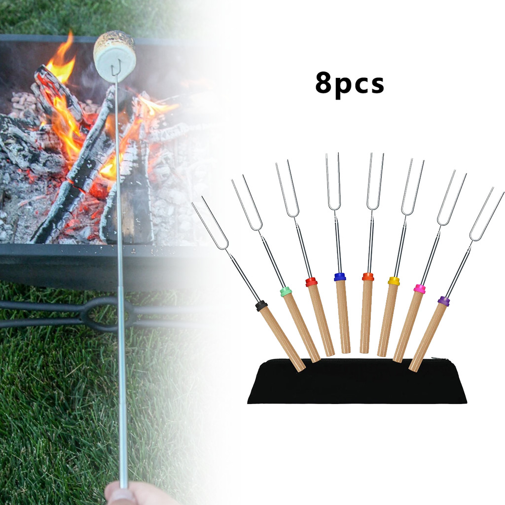 8 ชิ้นสแตนเลส BBQ Marshmallow Roasting Sticks ขยายคั่ว Telescoping อุปกรณ์ครัว Camping Supplies