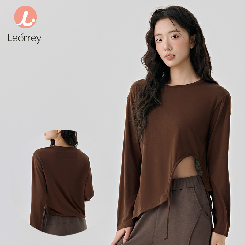 Leorrey-เสื้อยืดกีฬาแขนยาว ทรงหลวม สไตล์โยคะ แต่งเชือกผูกด้านข้าง ทรงหลวม สไตล์พิลาทิส