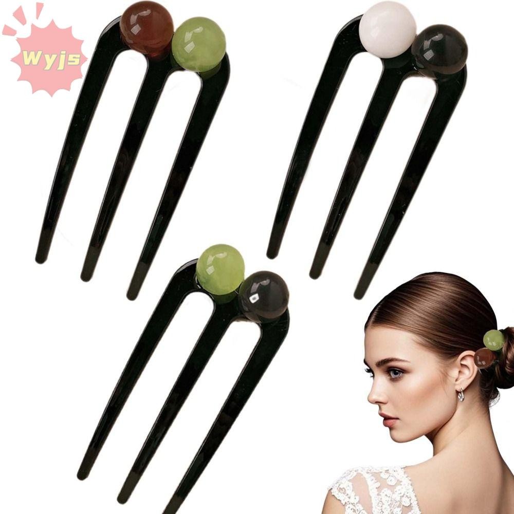 WJYS U-Shaped Hair Pin, Beaded Three Tooth Hair Accessory, Plastic Vintage Hair Fork Hair Buns