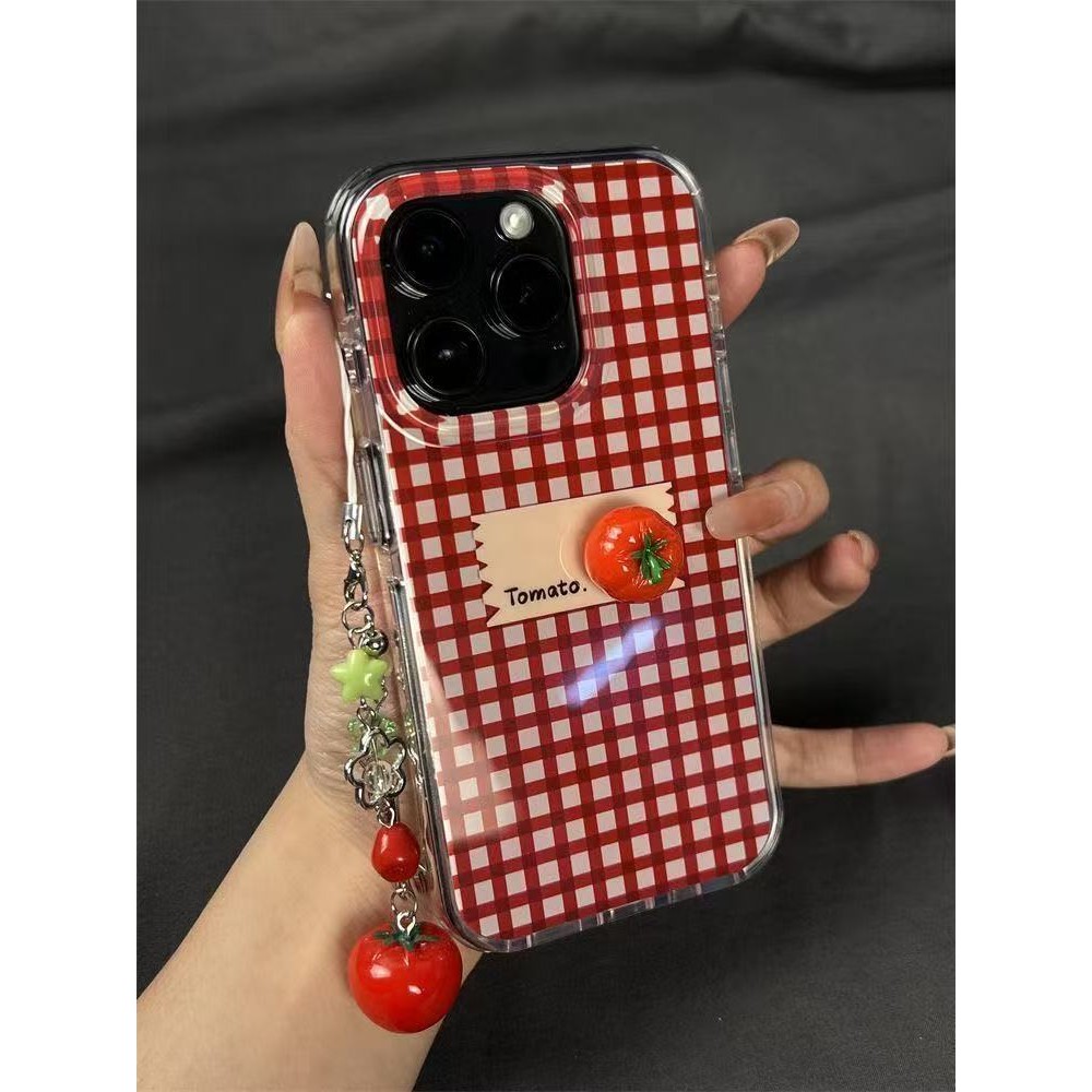 หรูหรา3ง มะเขือเทศสีแดงสีขาวตาหมากรุกด้วยสร้อยข้อมือเคสโทรศัพท์สําหรับ ไอโฟน 16 มือโปร สูงสุด 15 14 13 12 11 16บวกปลอกกันกระแทกกล้องป้องกันอะคริลิฮาร์ดปกหลังไอโฟน