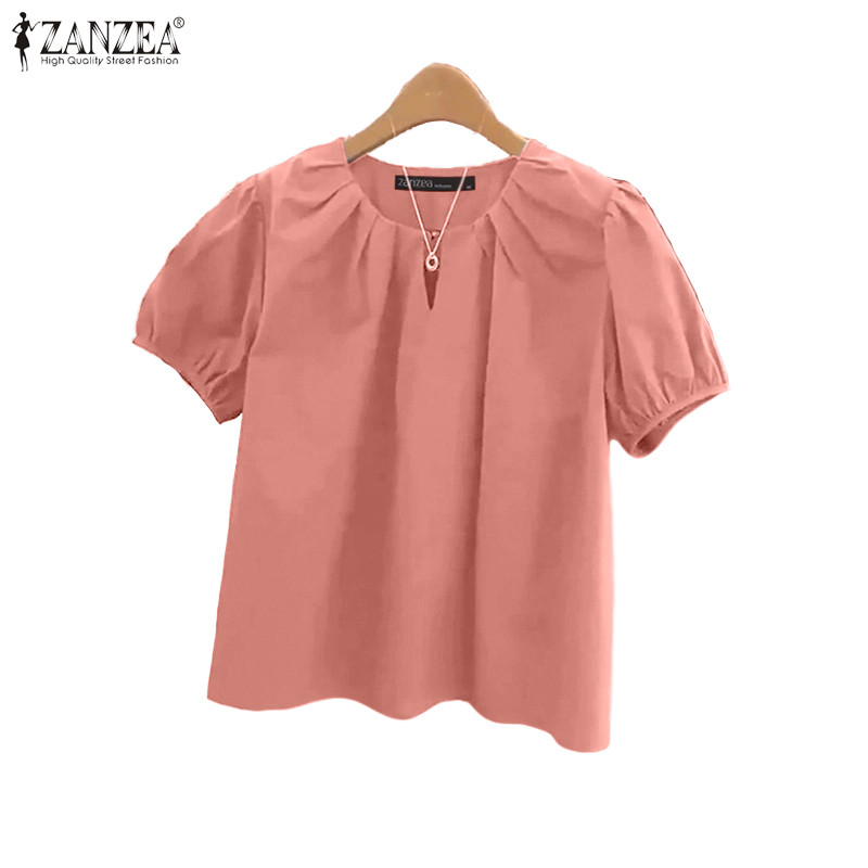 ZANZEA สไตล์เกาหลีสำหรับผู้หญิง คอปอมแขนสั้น เสื้อลายคราม pleated neckline — صورة 4