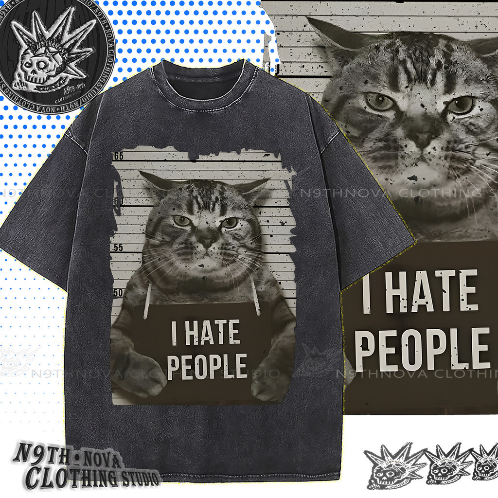 (จัดส่งตลอด 24 ชั่วโมง)Woo Right เสื้อยืดผ้าฝ้ายบริสุทธิ์ American Retro Original Cat Washed ‘I HATE PEOPLE’