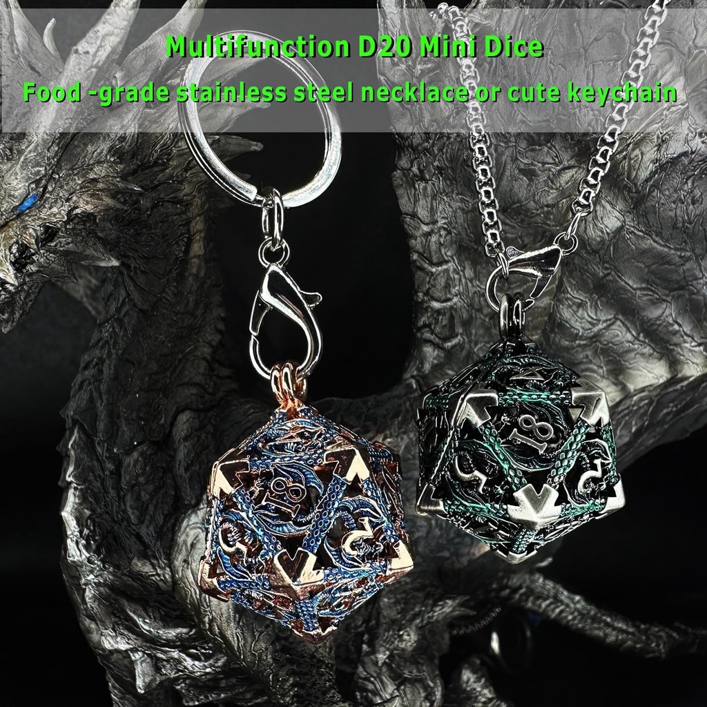 HAOMEJA Mini DND ลูกเต๋าโลหะ 7 ชิ้นชุด Tiny ขนาดเล็ก Polyhedral D & D ลูกเต๋าชุด Hollow D20 สร้อยคอแ