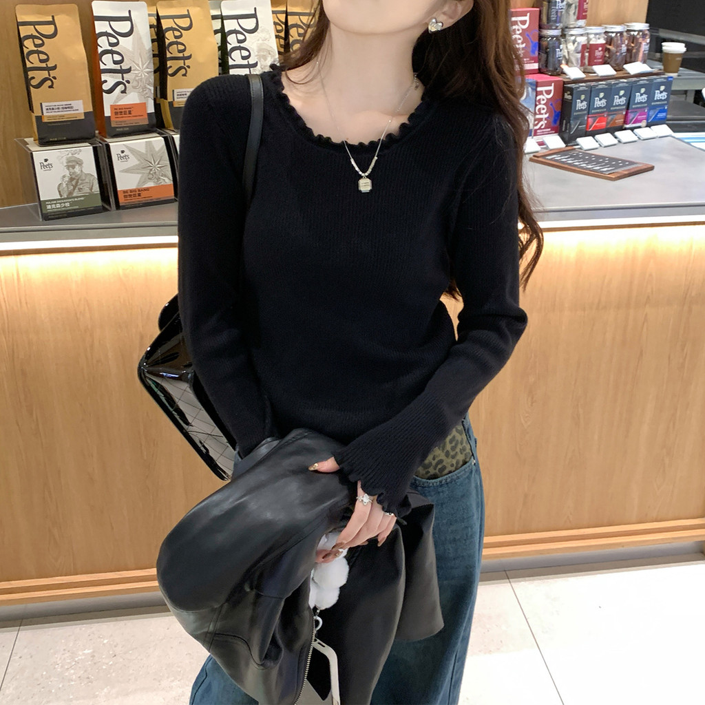 เสื้อสเวตเตอร์แขนยาวผู้หญิง สไตล์ใหม่ คอกลม สีดำ แฟชั่นสำหรับทุกวัน