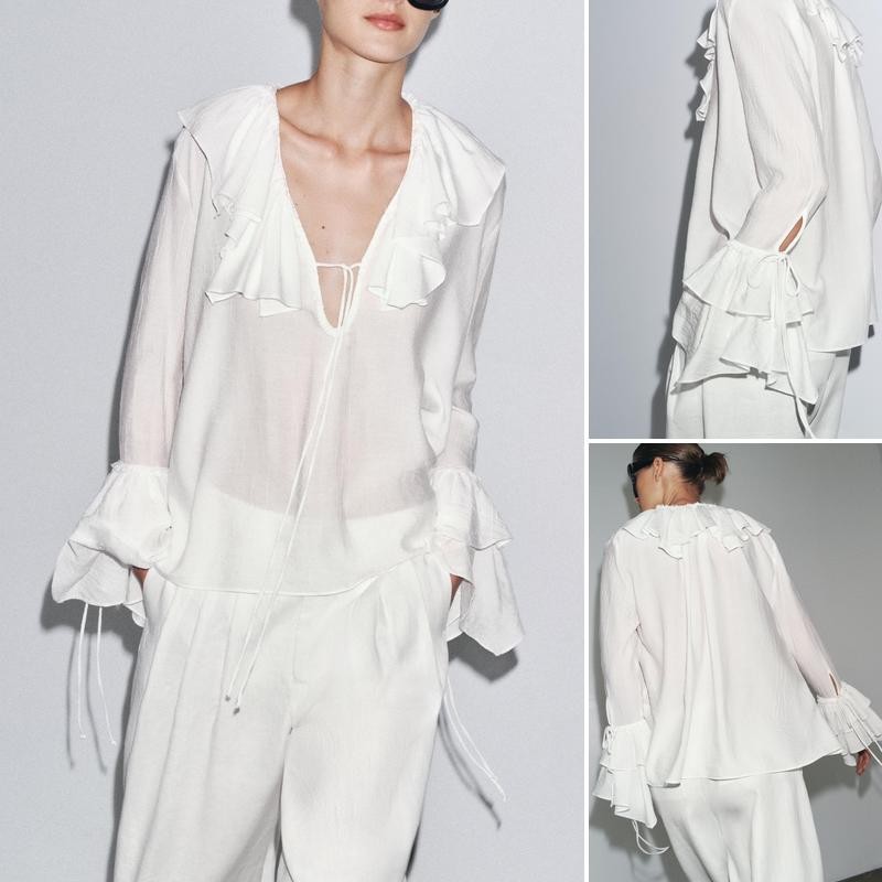 ZARA 2025 สไตล์ใหม่ French Loose Sweet All-Match Layered ตกแต่งทรัมเป็ตเสื้อแขนยาวสีขาว3233679