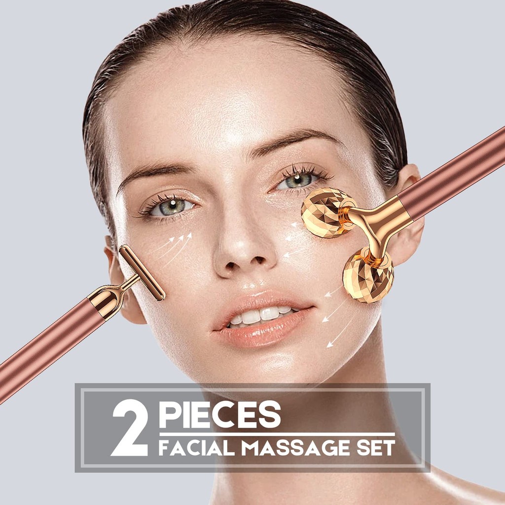 2-IN-1 Beauty Bar 24k Golden Pulse Facial Face Massager,ไฟฟ้า 3D Roller และ T Shape Arm Eye Nose Hea