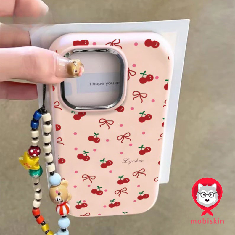 การ์ตูนเชอร์รี่สีแดงโบว์น่ารักชุบโลหะฝาครอบเลนส์ เคสไอโฟน 11 16 XS 12 14 13 15 16 Pro Max 16 7 8 11 14 Plus XR X