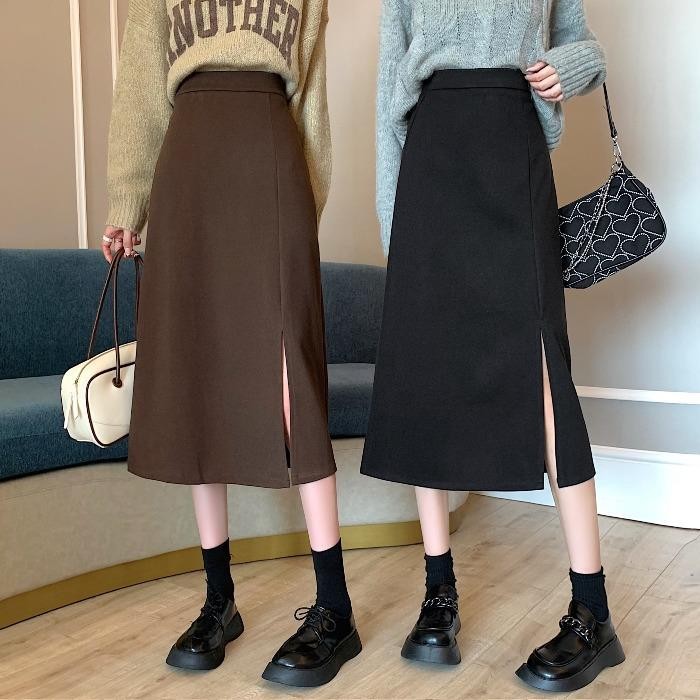 S-4XL Plus ขนาดกระโปรงผู้หญิงฤดูใบไม้ร่วงฤดูหนาวเอวสูงกระโปรงยาว Slimmer ดูกระโปรงสะโพกแยก A-Line กร