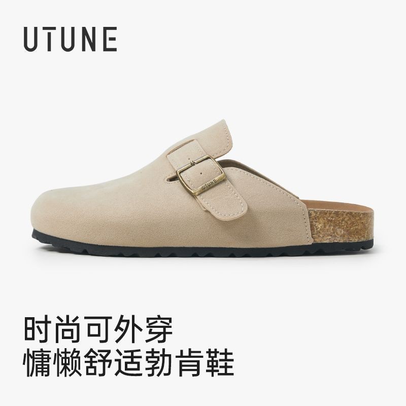 UTUNE Retro Boken รองเท้า Lazy Suede รองเท้าแตะครึ่งรองเท้าแบบปรับได้หนาสําหรับผู้หญิง