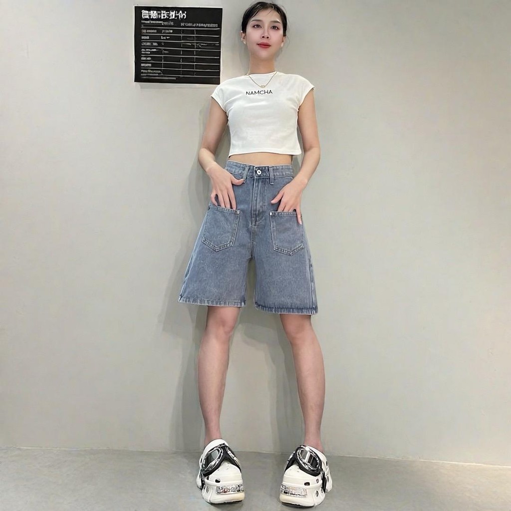 NAMCHA กางเกงยีนส์ กางเกงยีนส์สามส่วน ยีนส์สามส่วนยีนส์ขาสั้น  #-7756