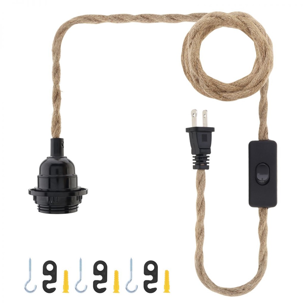 15ft Plug-in จี้ชุดสายไฟ Twisted Hemp เชือกแขวนโคมไฟจี้สายไฟ