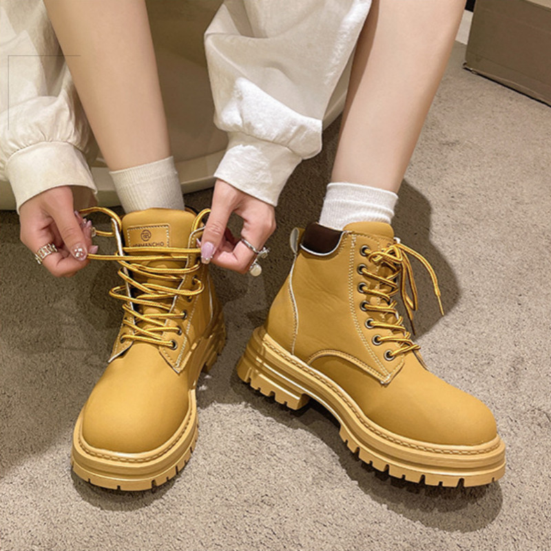 รองเท้าบูทผู้หญิงสีเหลือง รองเท้าบูทมอเตอร์ไซค์ รองเท้าบูทหุ้มข้อ รองเท้าหนังผู้หญิง - รูปที่ 3