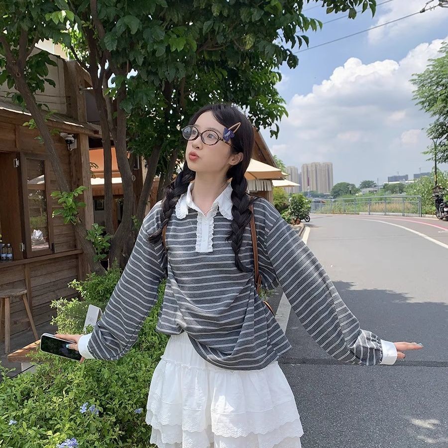 [สินค้าพร้อมส่ง] POLO TOP ฤดูใบไม้ร่วงใหม่เกาหลีหวานลูกไม้ประกบสีสันโปโลคอลายแขนยาวเสื้อยืดคอปกเสื้อกันหนาว