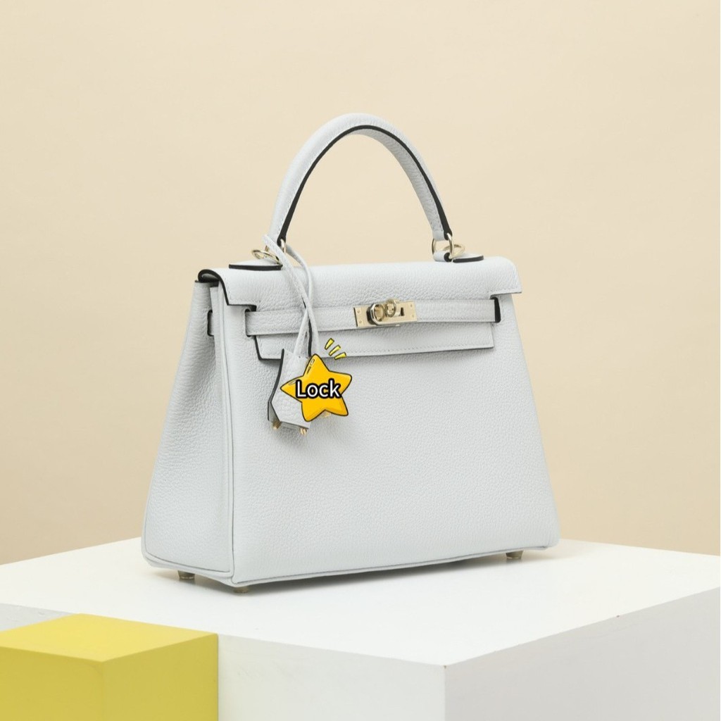 Pure Handmade Kelly Bag from France in Togo Leather with Platinum Grey Silver Buckle - Portable Shou