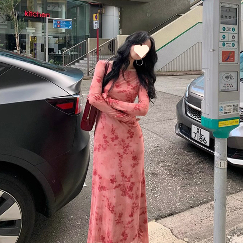 ชุดเดรสหางปลามาดเพรียว ผ้าพิมพ์แขนยาว สไตล์สลิมฟิต สำหรับฤดูใบไม้ผลิ