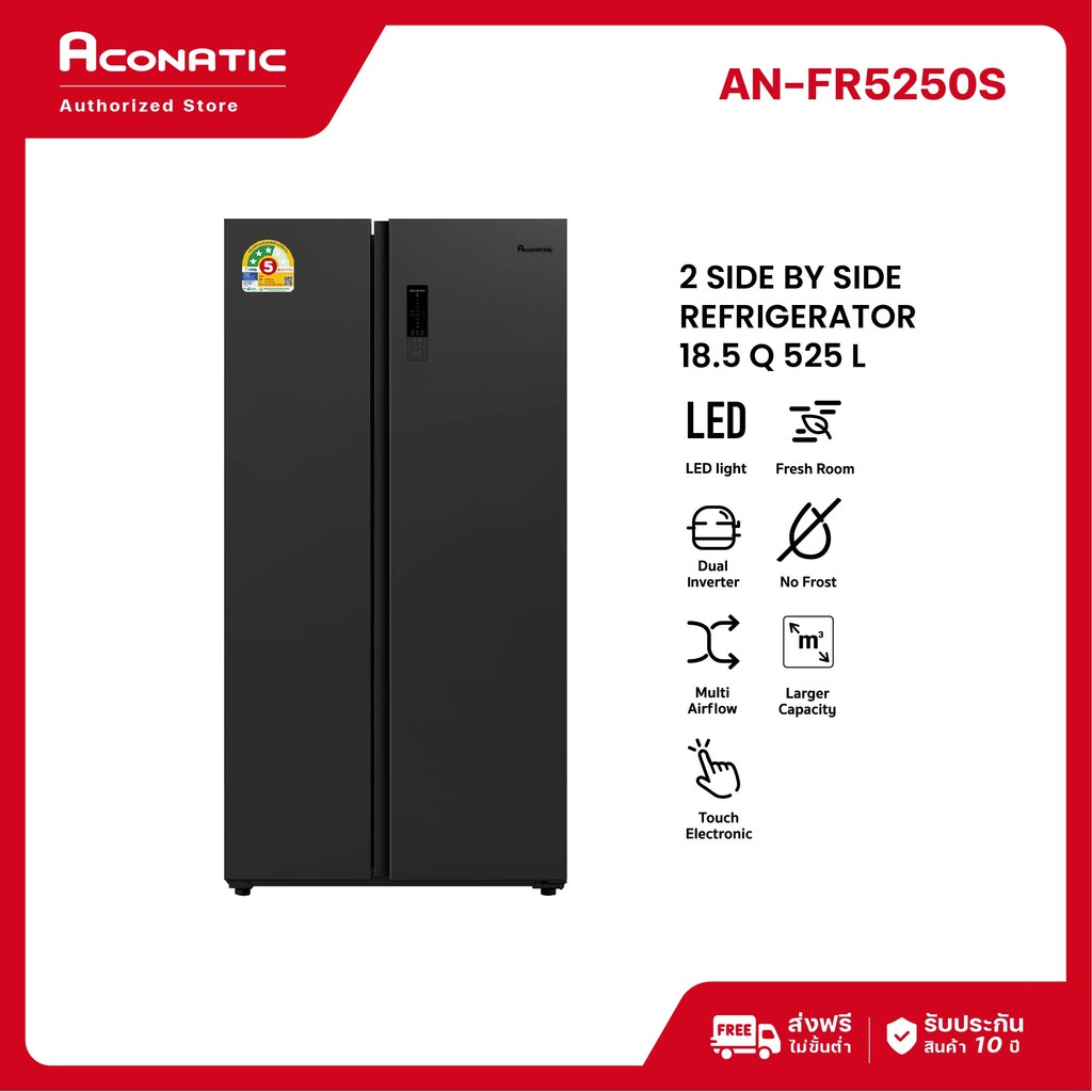 (NEW 2025) Aconatic ตู้เย็น Side by Side 18.5Q รุ่น AN-FR5250S สี Dark Gray ระบบ Dual Inverter ควบคุ