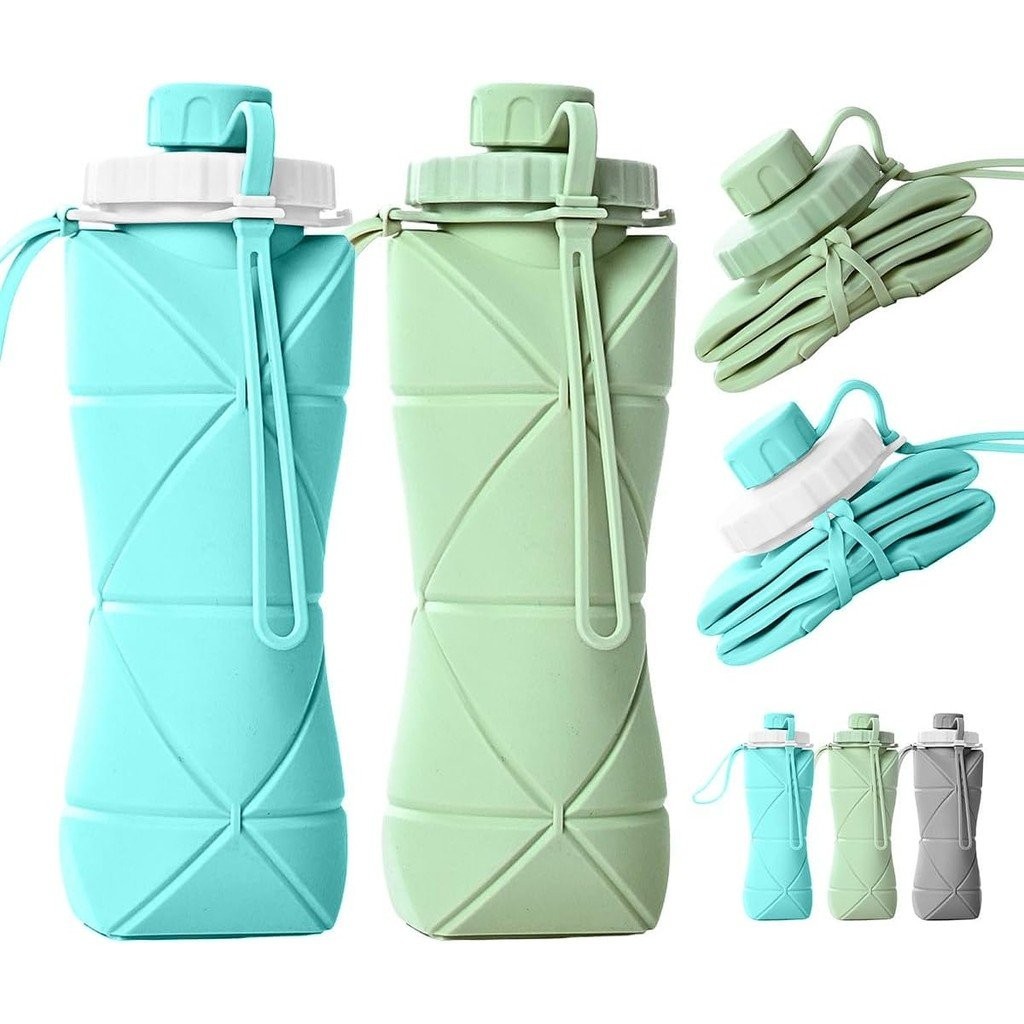 Collapsible Water Bottles 2 Pack - Silicone Foldable Travel Water Bottle 20oz (Blue+Green)