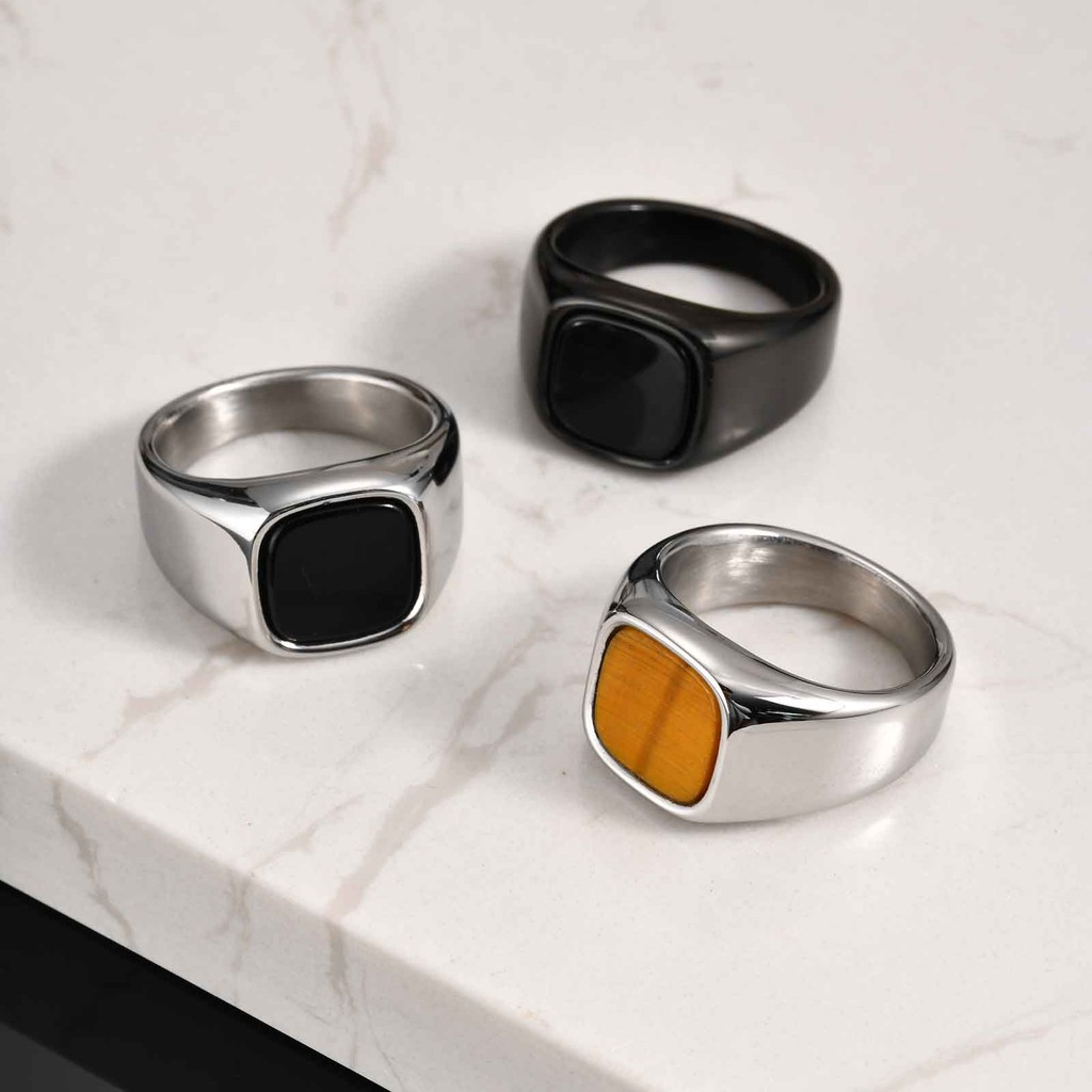 แหวนหินธรรมชาติสแตนเลส สไตล์วินเทจยุโรปและอเมริกา สำหรับผู้ชาย - รูปที่ 2