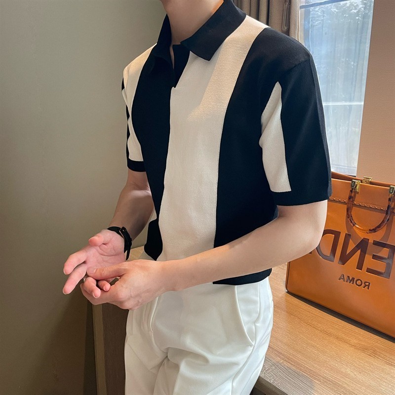 เสื้อโปโลแขนสั้นสำหรับผู้ชาย​  ลายสตรีท สีตัดกัน ผ้าถัก สไตล์เกาหลี ผ้าไหมน้ำแข็งระบายอากาศดี