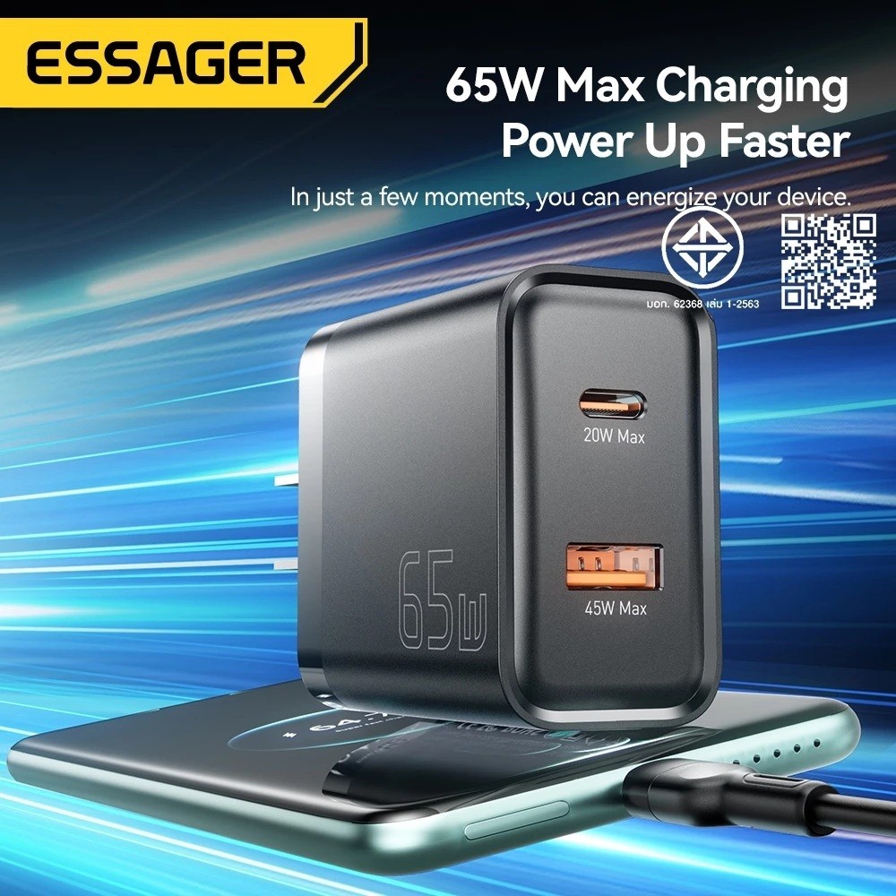 Essager 65W USB Type C GAN Charger อะแดปเตอร์ชาร์จเร็วสำหรับโทรศัพท์มือถือและคอมพิวเตอร์