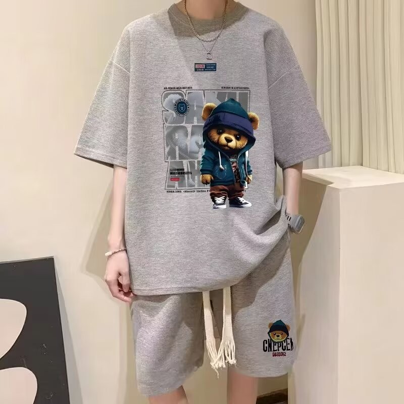 COD 2025 Waffle Two-Piece Set Fashion Casual Sports Suit Men's Summer Plus Size Trendy Brand Trendy 