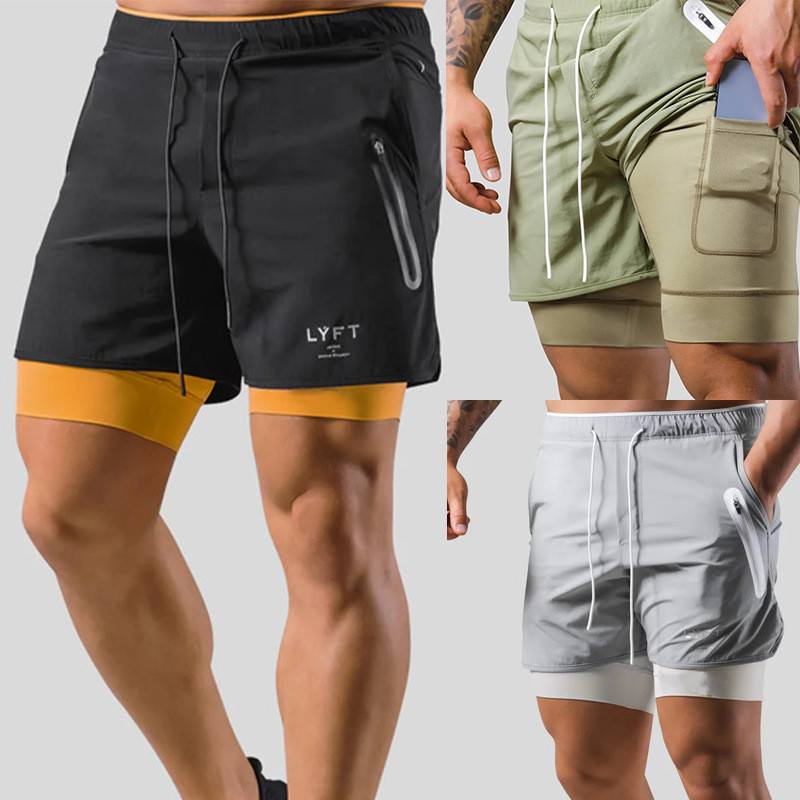 Summer New Men's Sports Casual Shorts Double Layer Basketball Running Shorts Wicking Mobile Phone Sh