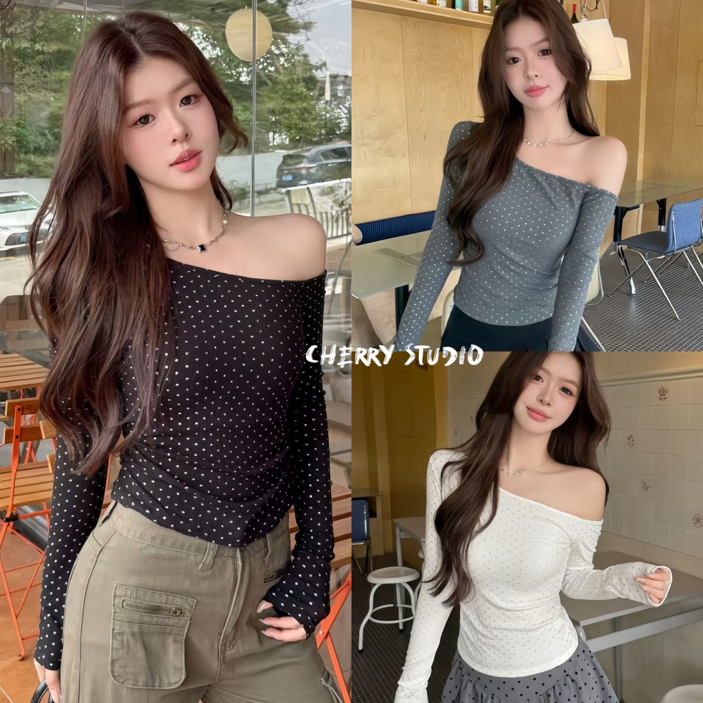 Cherryพร้อมส่ง💎เสื้อวาววับติดเพชร ไซต์รัดรูป ปาดไหล่เริ่ด  สไตล์มินิมอล แต่งตัวเร็ว ฮิตที่สุดใน